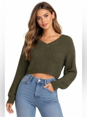 BP. Olive Green V-Neck cropped knit ribbed Sweater top